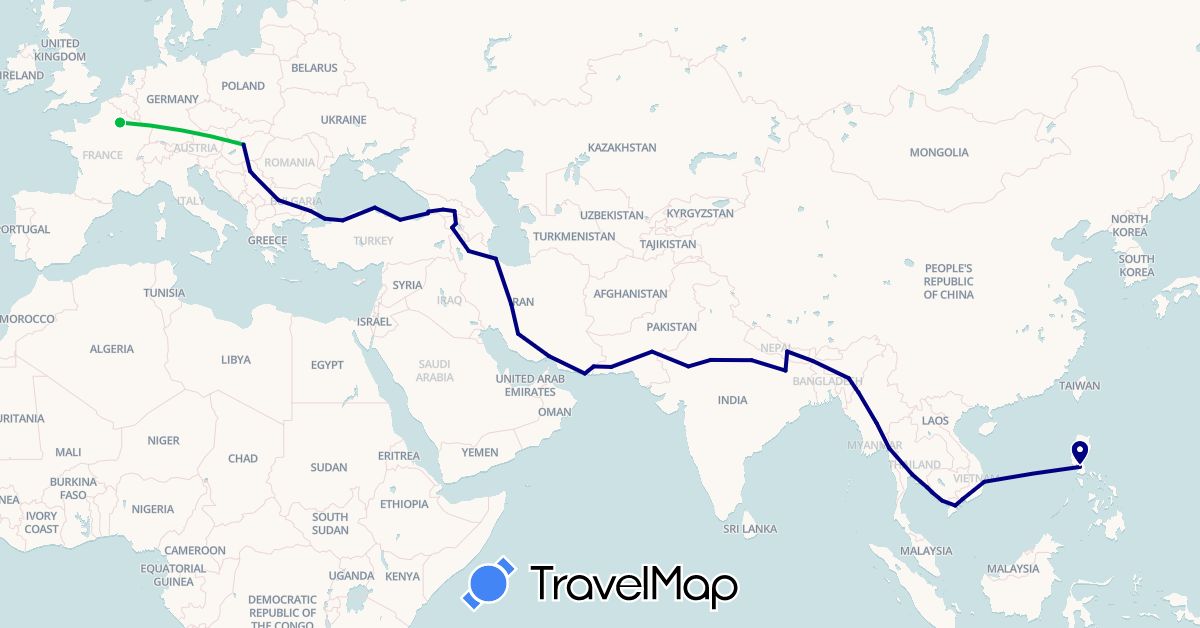 TravelMap itinerary: driving, bus in Armenia, France, Georgia, India, Iran, Cambodia, Myanmar (Burma), Nepal, Philippines, Pakistan, Serbia, Thailand, Turkey, Vietnam (Asia, Europe)